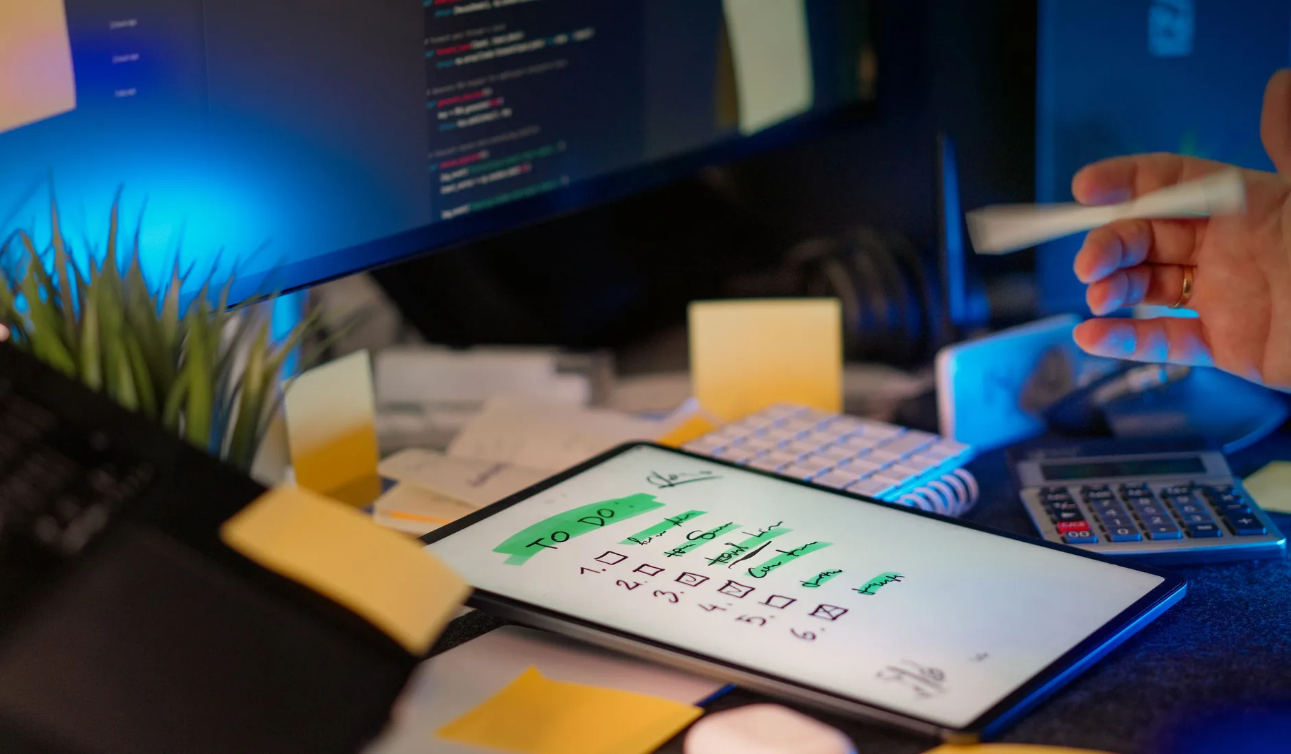 a numbered IT checklist on a tablet beside a monitor showing code
